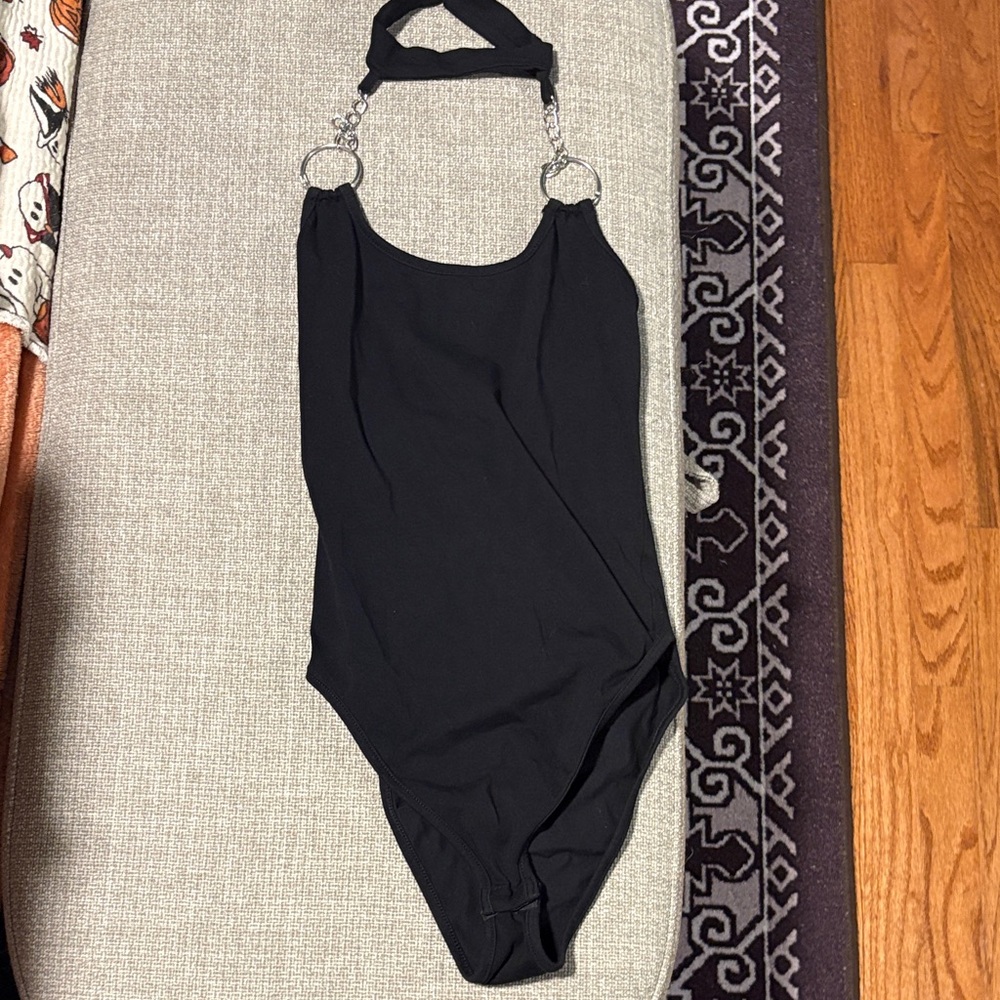 Black Halter Bodysuit with Chain Straps